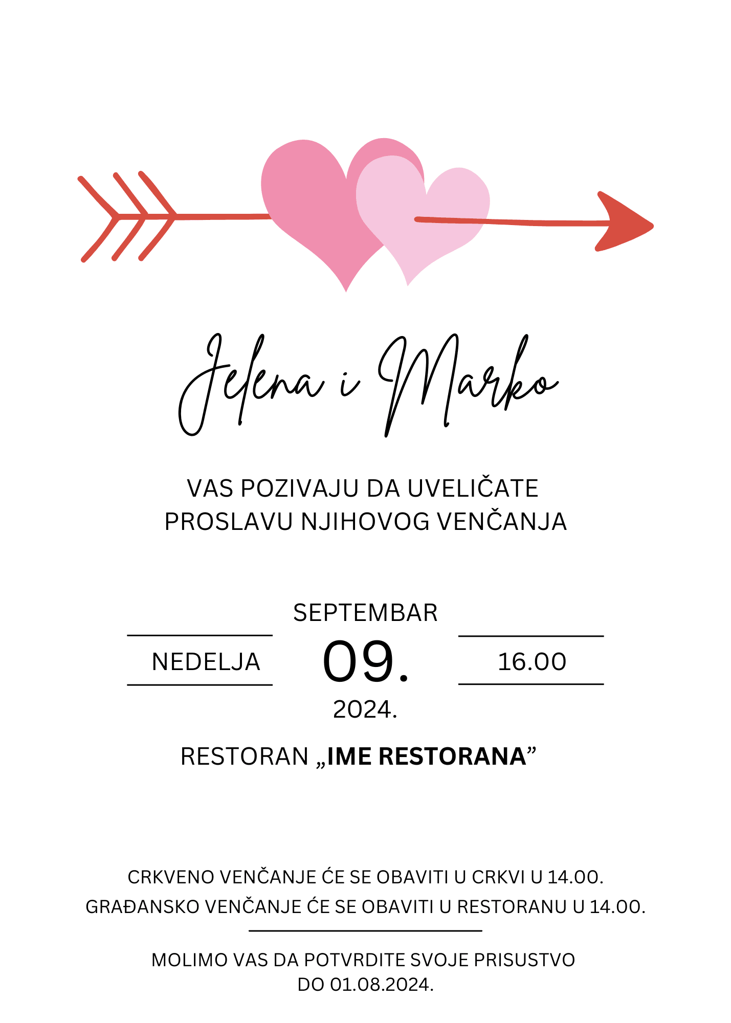 Pozivnica za venčanje sa dva srca roze boje, spojena strelom koja prolazi kroz njih.