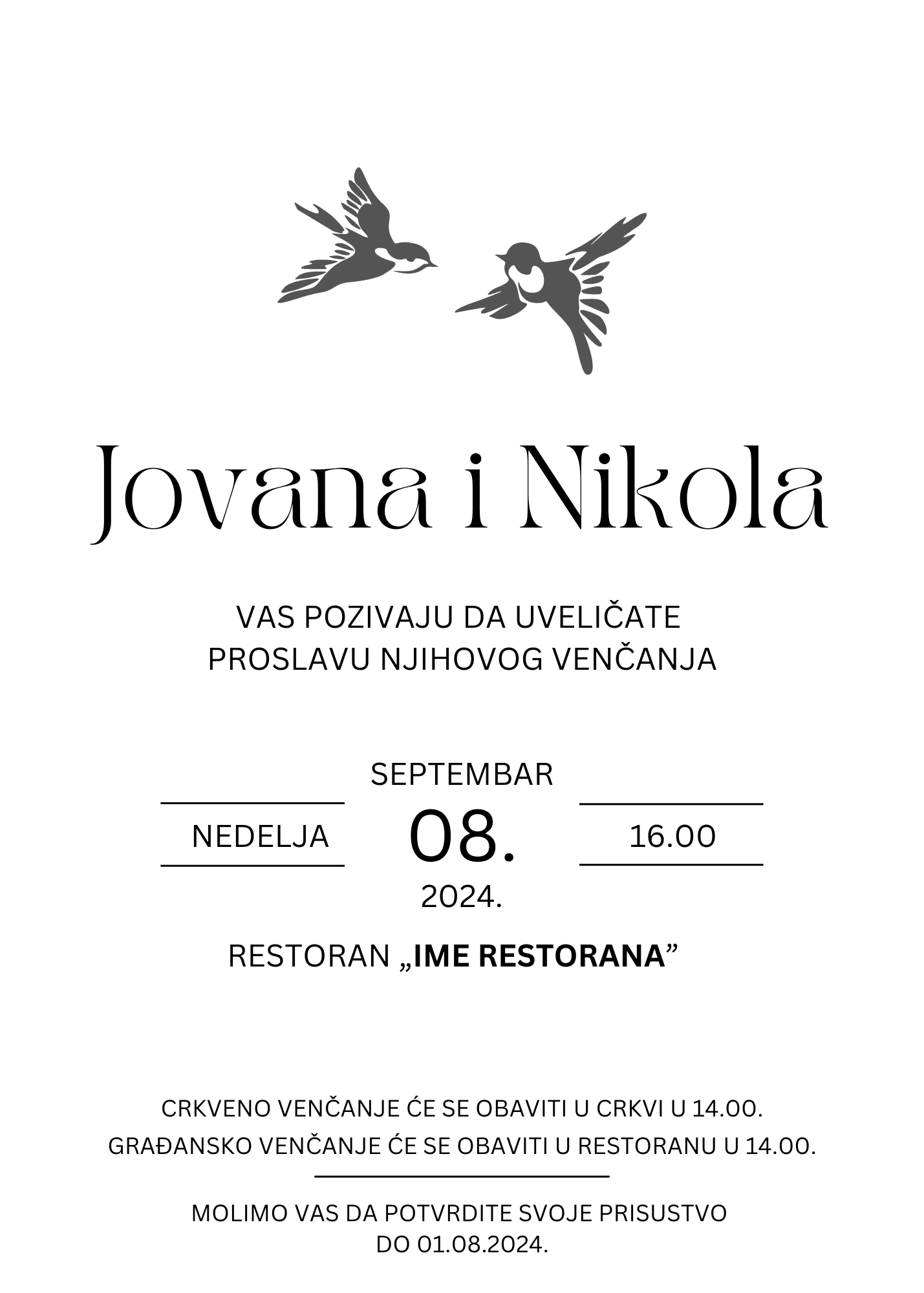Pozivnica za venčanje sa dve male ptice koje gledaju i vesele jedna drugoj.
