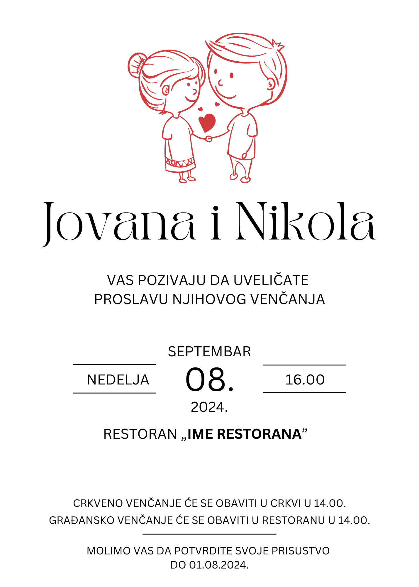 Pozivnica za venčanje sa dečakom i devojčicom koji se drže za ruke, a između njih su srca.