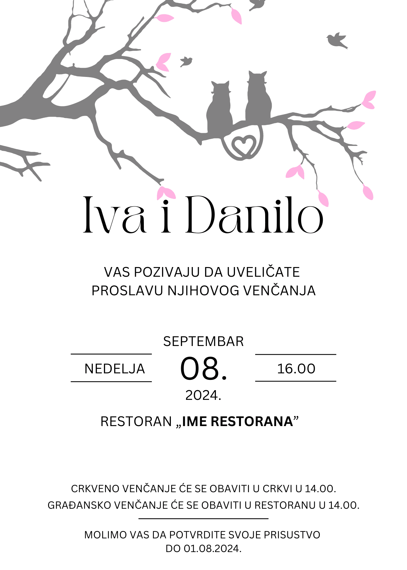 Pozivnica za venčanje sa drvetom koje ima roze lišće, dok na grani sede dve zaljubljene mačke.