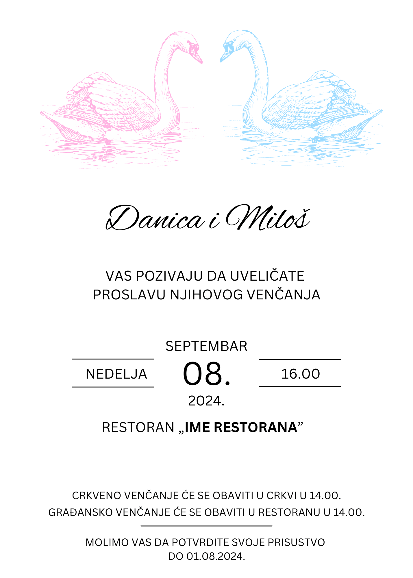 Pozivnica za venčanje sa dva labuda. Jedan labud je roze boje, drugi plave boje i gledaju jedan u drugog.