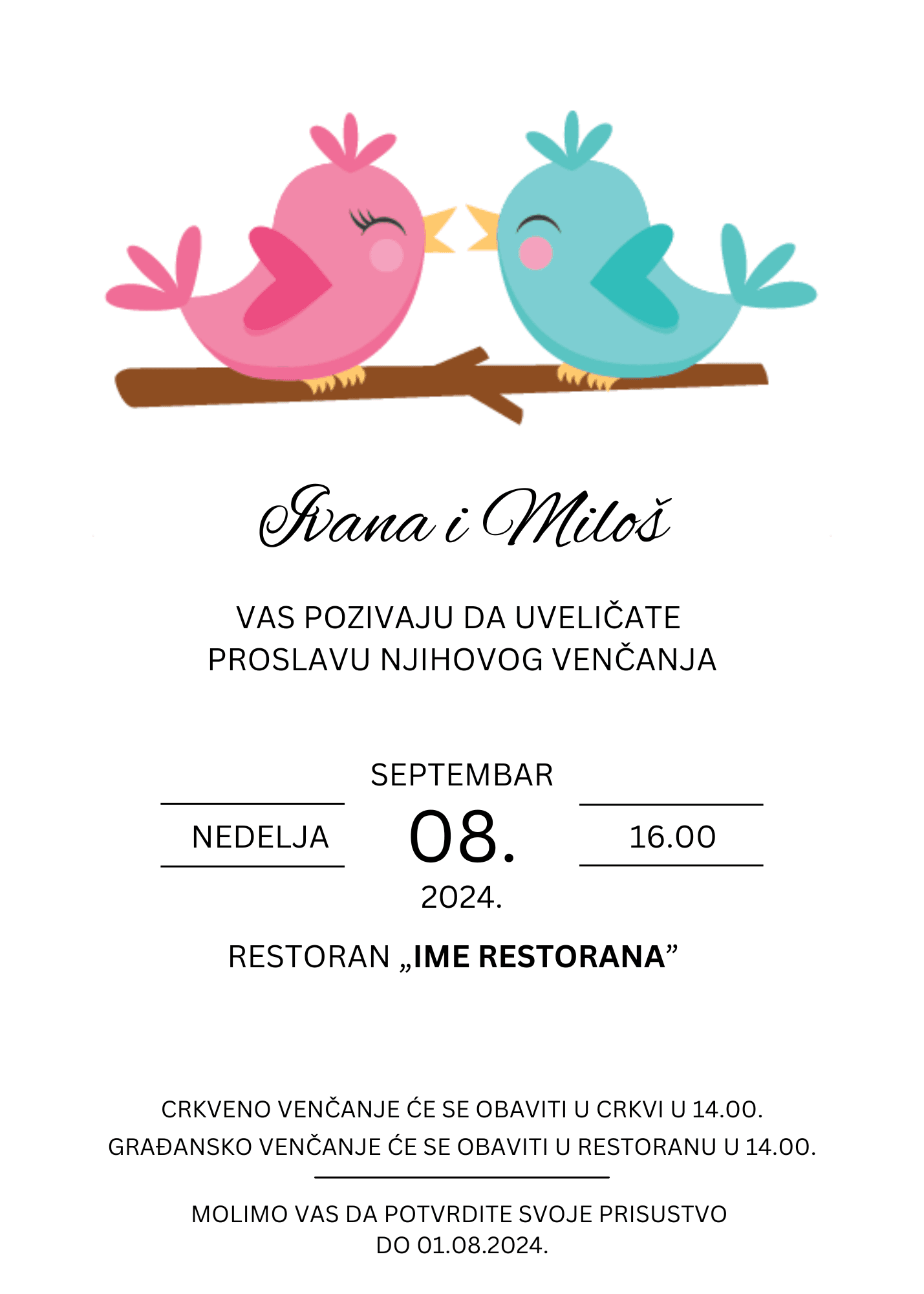 Pozivnica za venčanje sa dve slatke zaljubljene sličice. Jedna je roze boje, a druga je plave boje.
