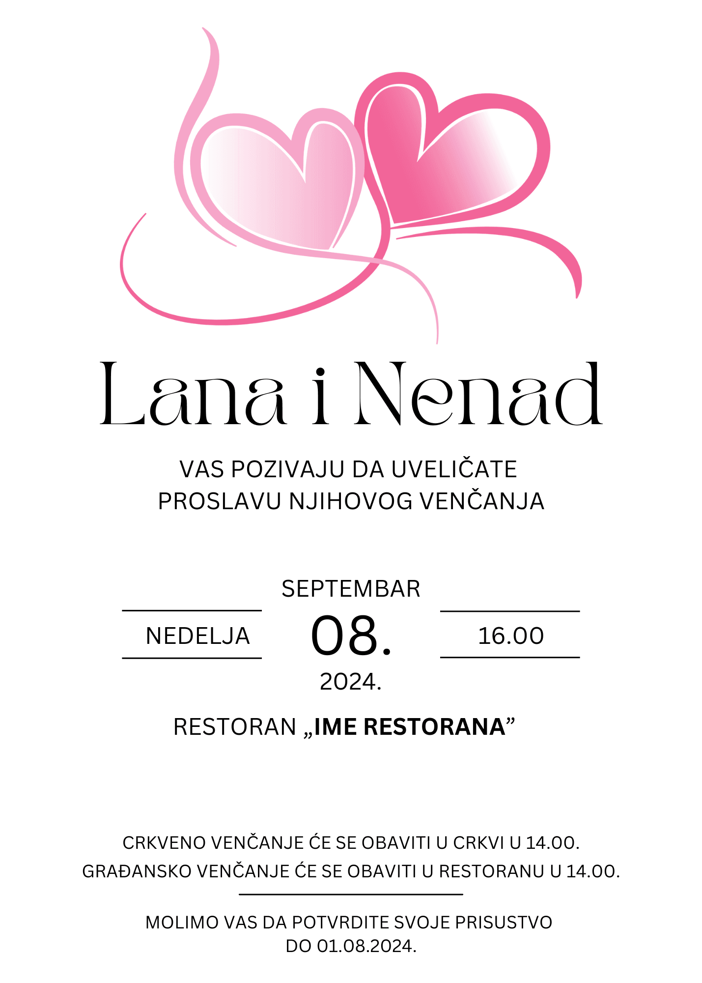 Pozivnica za venčanje sa dva srca roze boje koja izgledaju kao da se grle.