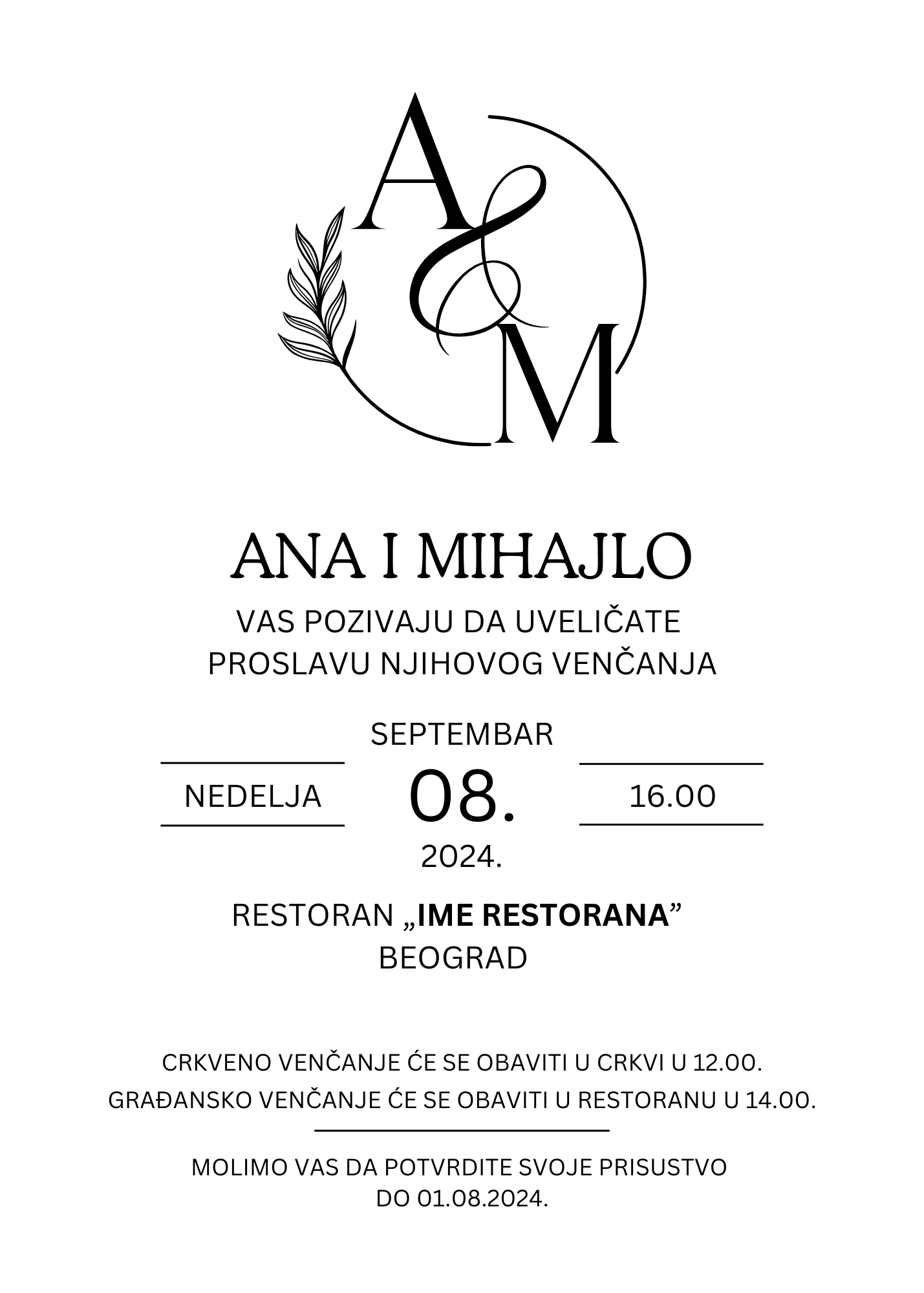 <p>Pozivnica za venčanje sa inicijalima imena mladenaca. Tekst pozivnice sa datumom, vremenom i lokacijom nalazi se ispod.</p>
