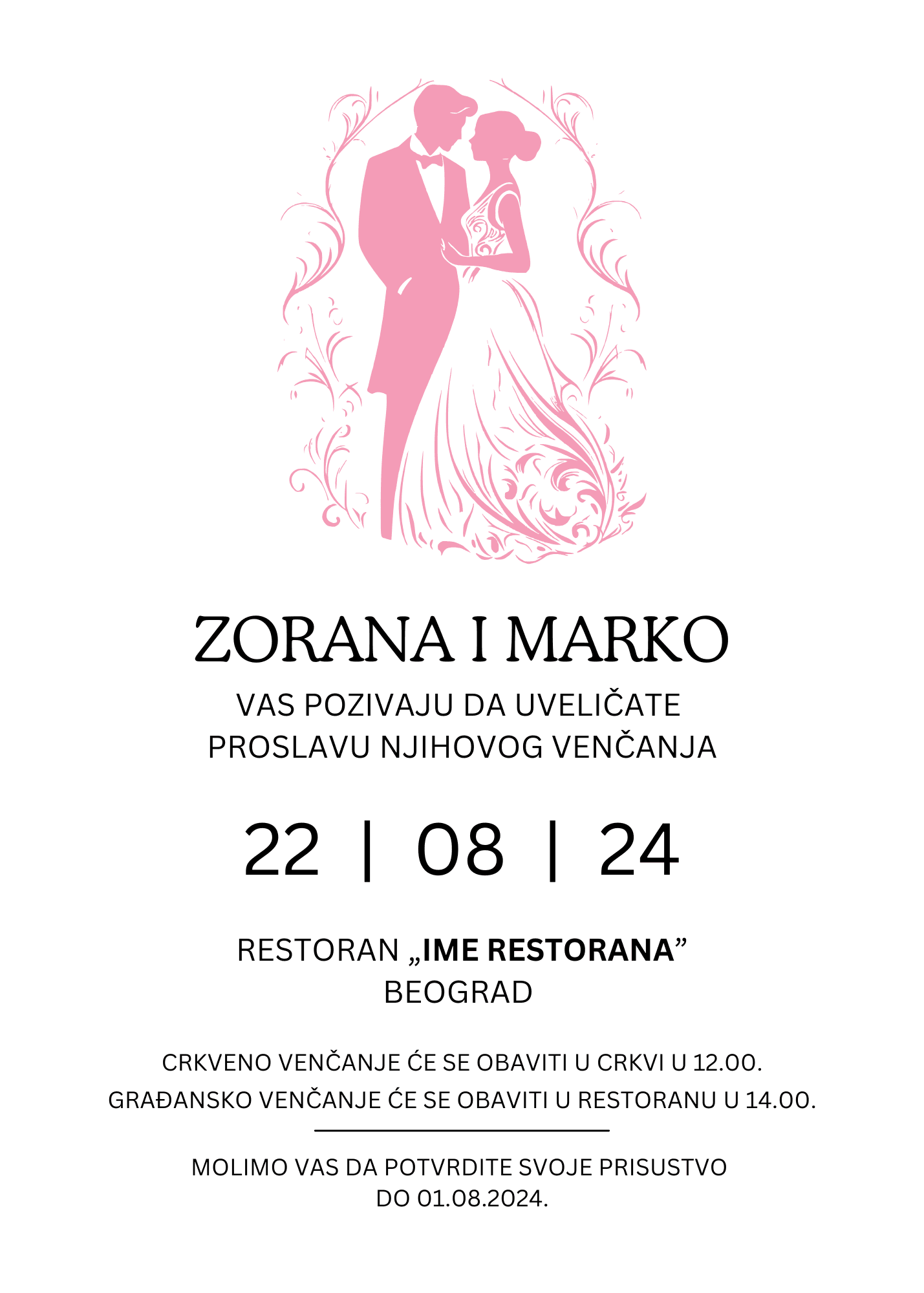 <p>Pozivnica za venčanje sa ilustracijom mladoženje i mlade. Tekst pozivnice sa datumom, vremenom i lokacijom nalazi se ispod.</p>