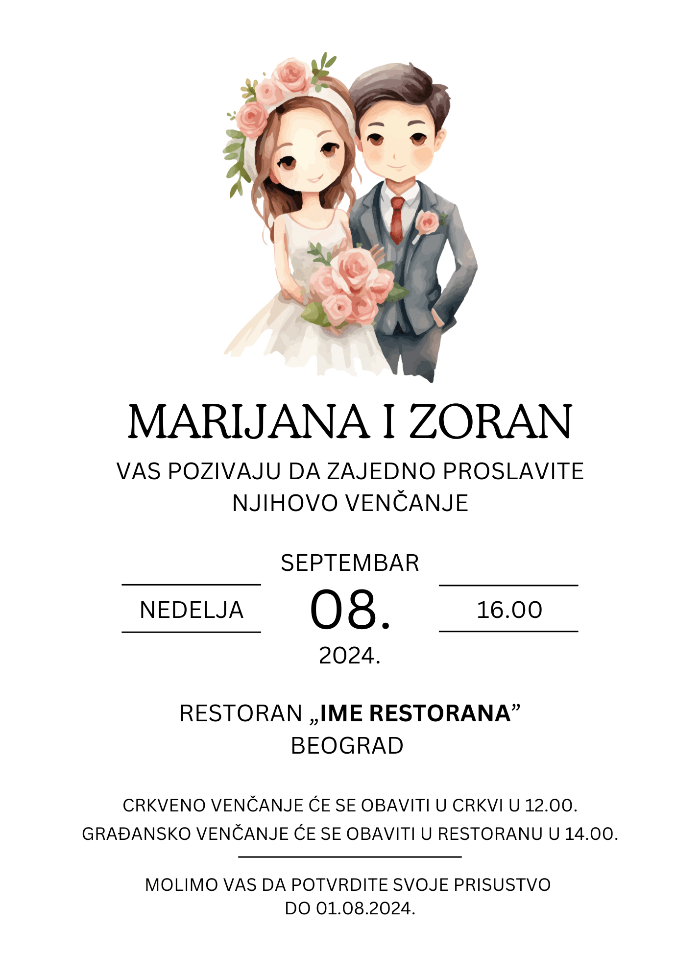 <p>Ova pozivnica za venčanje odiše toplinom i nežnošću, savršeno kombinujući modernu tipografiju i ručno crtanu ilustraciju mladenaca. Dizajn je čist i elegantan, uz pažljivo raspoređene elemente koji pružaju sve ključne informacije o venčanju, dok umetnička ilustracija dodaje notu razigranosti i ličnog šarma.</p> <p><b>Vizuelni elementi:</b></p> <ul><li>Ilustracija mladenaca: Na vrhu pozivnice nalazi se simpatična akvarel ilustracija mladenaca.</li><li>Mlada: U beloj venčanici, s cvećem u kosi i bidermajerom od ružičastih ruža, sa blagim osmehom koji odiše radošću.</li><li>Mladoženja: U tamnoplavom odelu s crvenom kravatom i cvetnim reverom koji se slaže s mladinim buketom.</li><li>Pozadina: Svedena bela boja daje prostoru prozračnost i omogućava da ilustracija i tekst dođu do izražaja bez vizuelnog prenatrpavanja.</li></ul> <p>Ova pozivnica spaja tradicionalne i moderne elemente, idealna za parove koji žele elegantan, ali topao dizajn. Ručno crtana ilustracija daje lični pečat, dok uredan raspored teksta omogućava lako čitanje svih važnih informacija.</p>