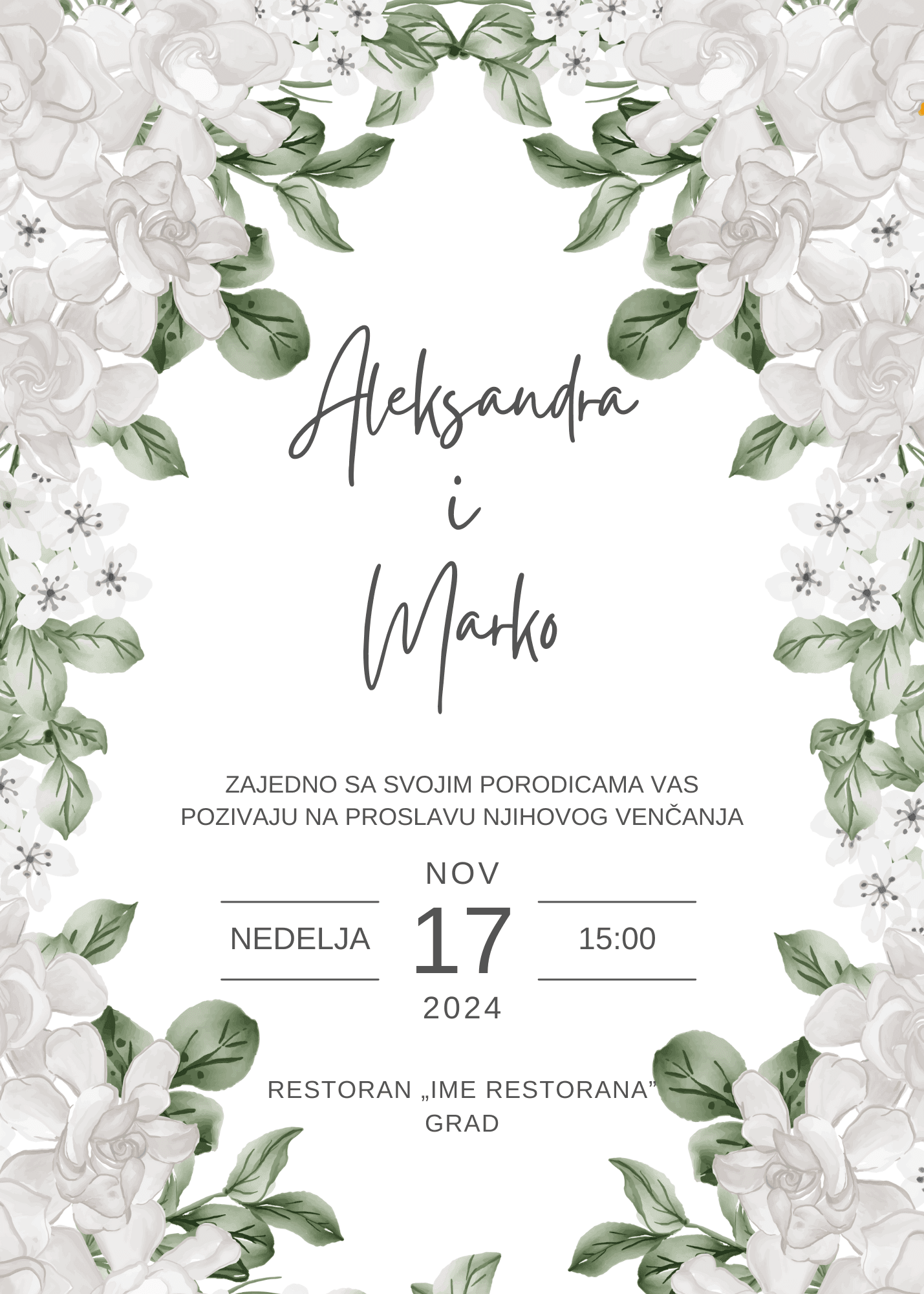 <p>Ova prelepa pozivnica za venčanje odiše sofisticiranom elegancijom, spajajući minimalistički dizajn sa bogatim floralnim ukrasima. Savršen izbor za parove koji žele da njihova pozivnica odražava nežnost i prirodnu lepotu posebnog dana.</p> <p><b>Dizajn i vizuelni elementi:</b></p> <ul><li>Cvetni okvir: Gornji i donji delovi pozivnice ukrašeni su raskošnim buketima belih ruža i sitnih cvetova, sa detaljno oslikanim zelenim lišćem. Ovaj dizajn stvara prirodni okvir koji uokviruje centralni tekst, dajući pozivnici svečan i luksuzan izgled.</li><li>Pozadina: Čista bela pozadina omogućava da cvetni elementi i tekst dođu do izražaja, zadržavajući osećaj prostranosti i čistoće.</li></ul>  <p>Pozivnica odiše svečanošću i prirodnom elegancijom, kombinujući klasičnu belu boju sa nežnim cvetnim motivima. Dizajn je prozračan, ali bogat detaljima, idealan za parove koji žele da njihova pozivnica bude suptilna, ali upečatljiva.</p>